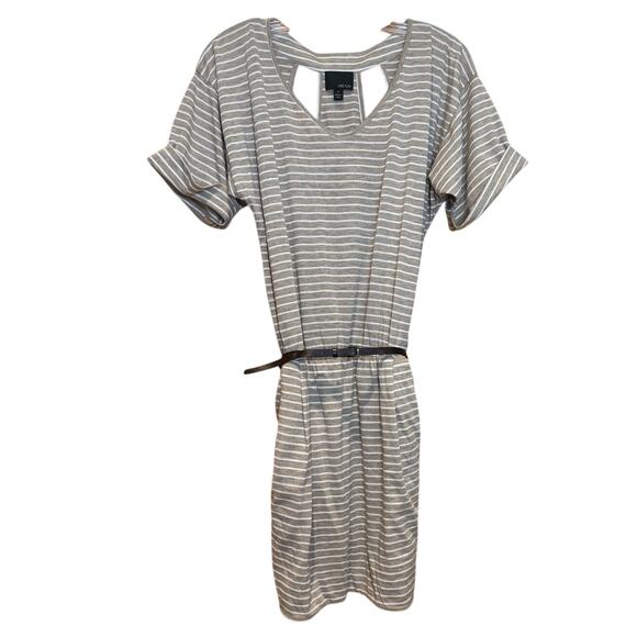 Greylin Anthropologie Belted Stripe Beige, White Short Sleeve Dress, Sz Sm EUC - Picture 1 of 4